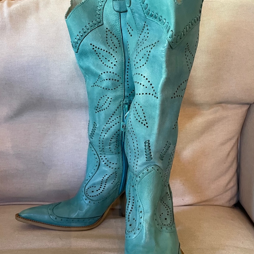 Y2k western blue leather cowgirl boots